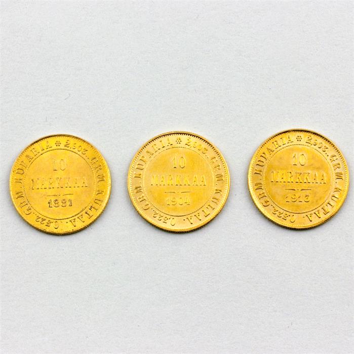 Drei Goldmünzen Finnland, Suomi 3x 10 Markkaa 1881, 1904 und 1913.