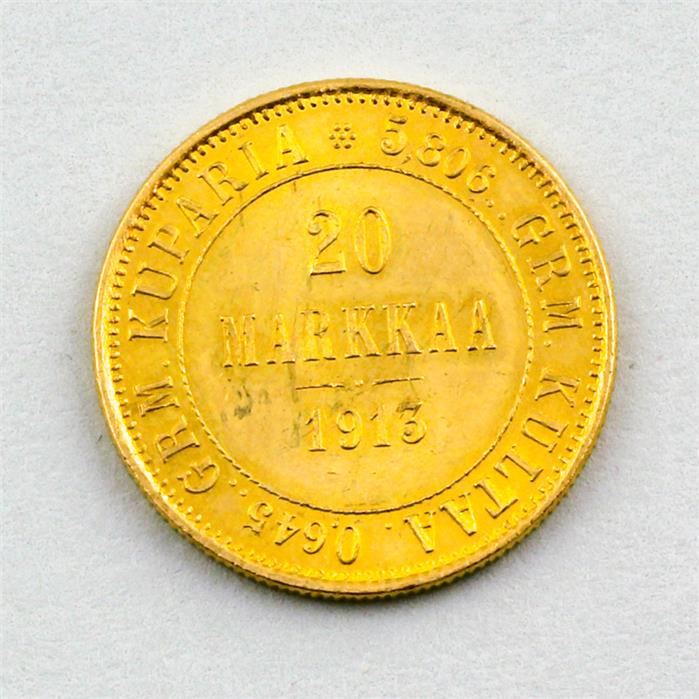 Goldmünze Finnland, Suomi 20 Markkaa 1913.