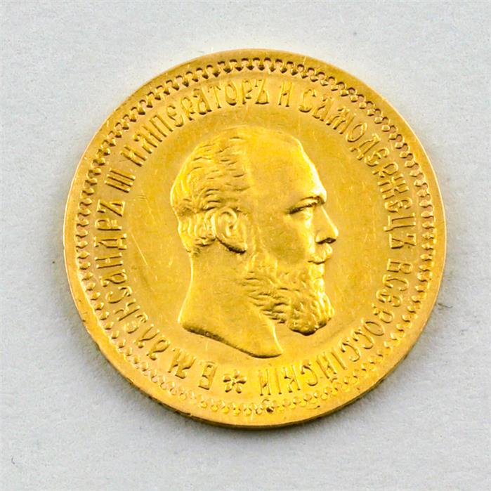 Goldmünze Russland, Alexander III, 5 Rubel 1890. 