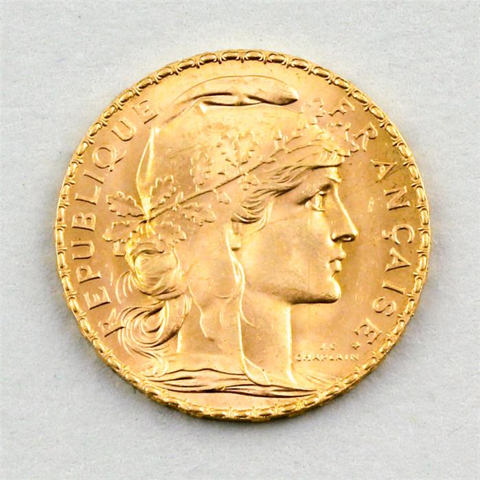 Goldmünze Frankreich, Marianne, 20 Francs, 1912.