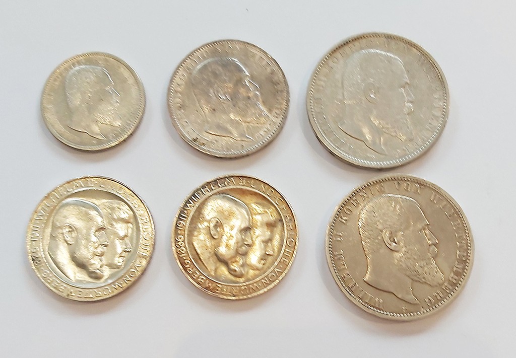 Württemberg, Wilhelm II., Sammlung von sechs Silbermünzen:
