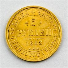Goldmünze Russland, Alexander III, 5 Rubel 1882.