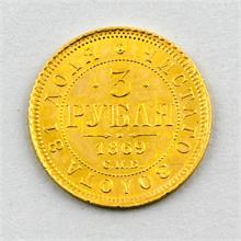 Goldmünze Russland, Alexander II, 3 Rubel 1869.